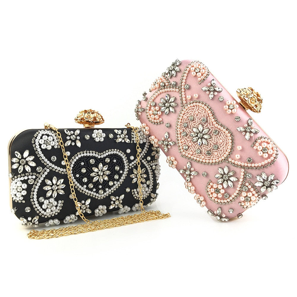 Satin Vintage Women Evening Bags Metal Flower Luxury Diamonds Clutch