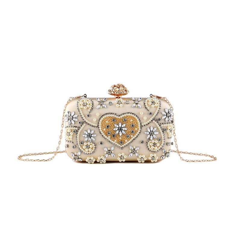 Satin Vintage Women Evening Bags Metal Flower Luxury Diamonds Clutch
